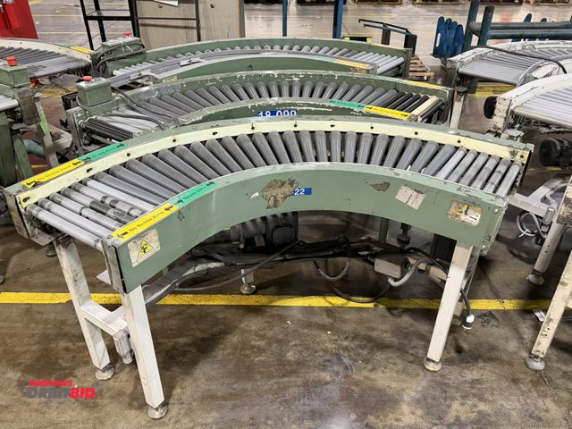 Lot 1-5314 - Set of (3) 15" width x approx. 5' length curved power roller conveyor sections, 3 phase electric mot...