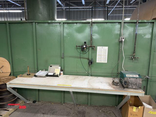 Lot 1-17198 - (1) 114" length x 30" depth work bench (mounts are bolted to a concrete floor and to steel paint ove...