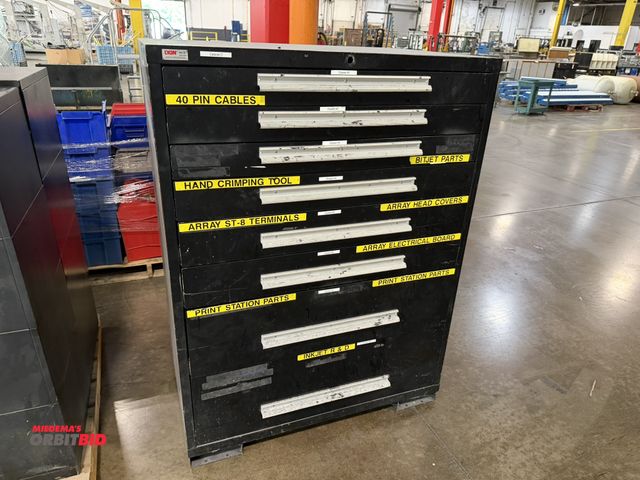 Lot 1-5562 - (1) Lyon 44.5" width x 56.5" height x 27.5" depth 8-drawer steel cabinet with fork pockets.