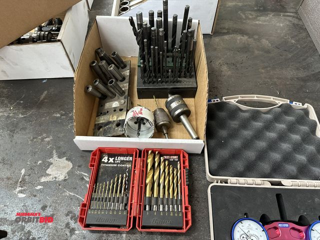 Lot 1-514 - Lot of assorted drills, collet inserts, live center, and Bauer 17-piece titanium drill bit set.