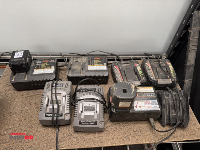 Lot 1-18683 - Lot of assorted battery chargers, includes (2) Max JC925 lithium ion battery chargers, (1) Max JC524...