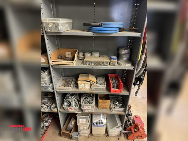 Lot 1-6380 - Contents of (4) shelves, includes (2) Ideal Tough Grip Pro 120' long fish tapes, 3" and 4" pipe caps...
