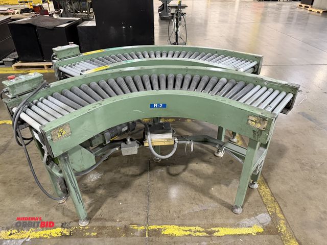 Lot 1-5308 - Set of (2) 15" width x approx. 5' length curved power roller conveyor sections, 3 phase electric mot...