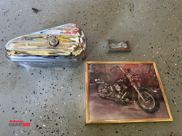 Lot 1-8221 - (1) Snap-On collectible, locking oil tank tool box with key, (1) 10" x 8" framed Harley Davidson mot...