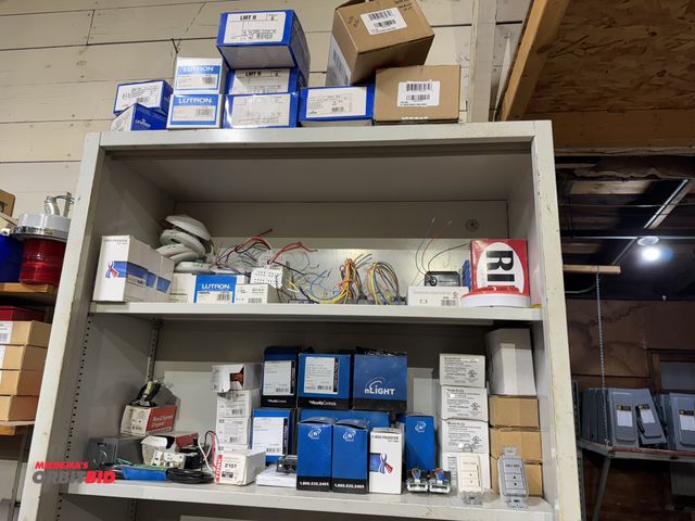 Lot 1-4347 - Contents of 3 shelves with electrical components, includes emergency lighting control devices, model...