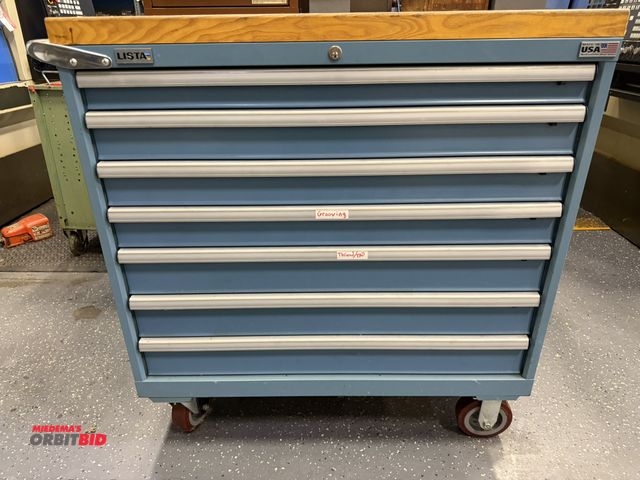 Lot 1-10145 - (1) Lista 40 1/4" width x 43.5" height x 22.5" depth 7-drawer tooling cabinet with a 1 3/4" thick so...
