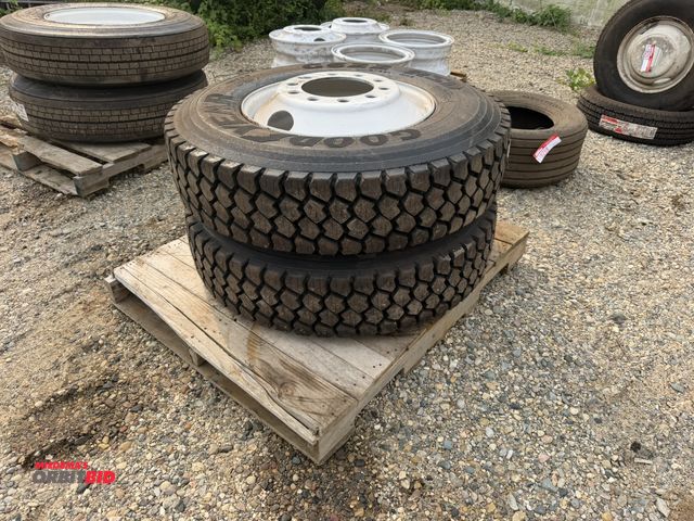 Lot 1-18259 - Lot of (2) new Goodyear 11R225 tires, model G622RSD, load range E, with (2) steel rims.