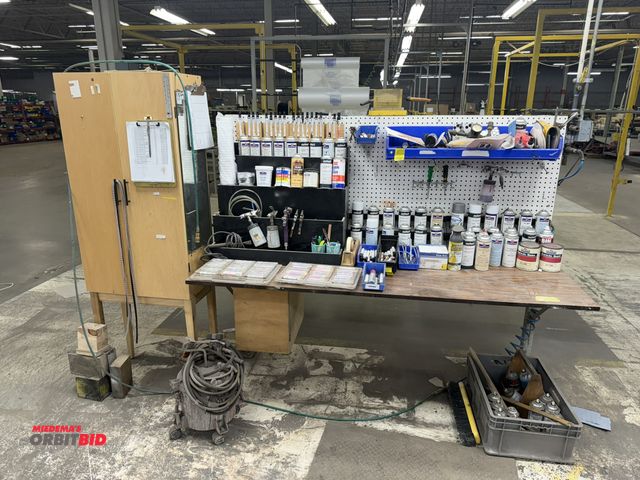 Lot 1-17456 - (1) steel framed table, 72" x 29" deep, with assorted spray paints, includes brands Mohawk, Rust-Ole...