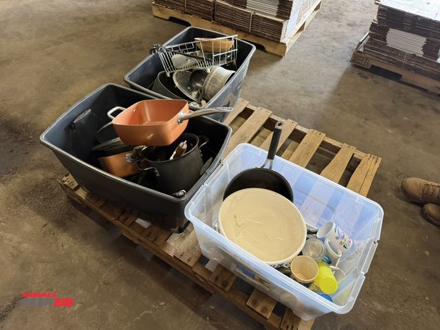 Lot 1-18030 - Lot of assorted kitchen items, includes pots and pans, glasses, coffee cups, and more.