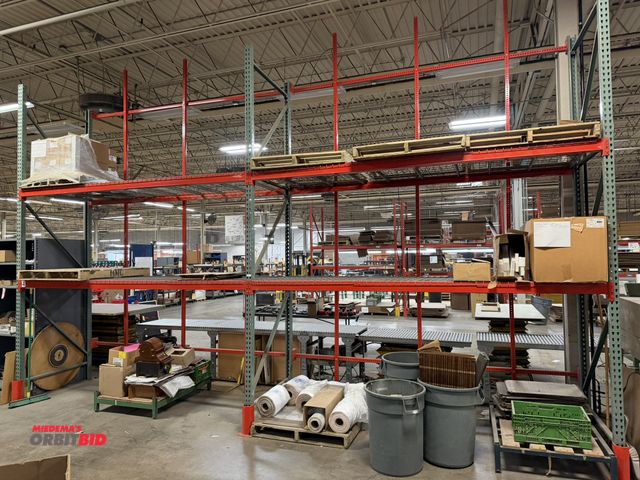 Lot 1-17421 - Lot of Teardrop style pallet racking, includes (3) 48" deep x 14' tall uprights (with 3 - 12" tall p...