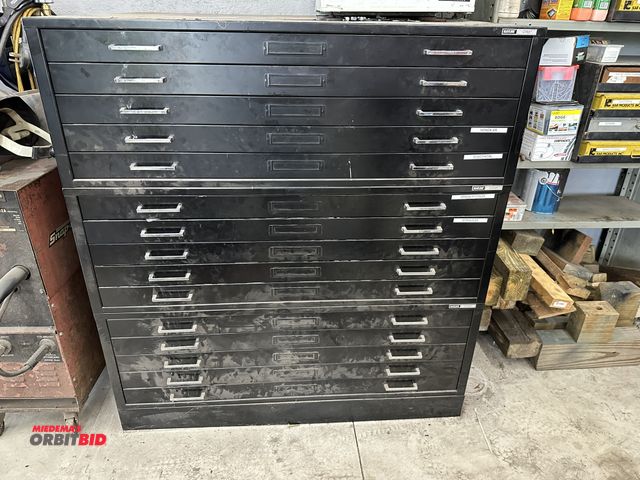 Lot 1-536 - Lot of (3) Mayline 3-drawer blueprint file cabinets, each measures 46.5" width x 35.5" depth x 15.5"...