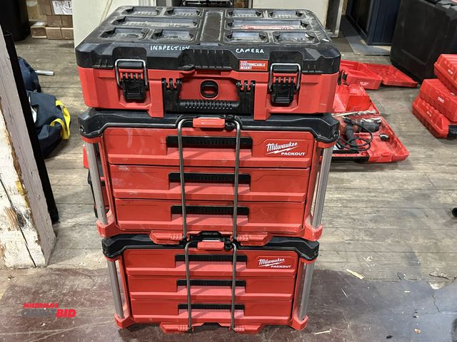 Lot 1-4141 - (1) Milwaukee Pack Out tool box set up, with (2) 3-drawer sections, and (1) tool case top section wi...