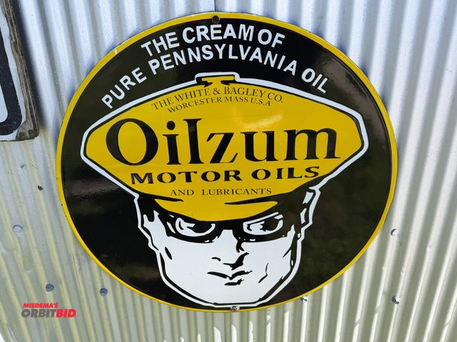 Lot 1-8235 - (1) 20" diameter Oilzum reproduction, porcelain coated tin sign.