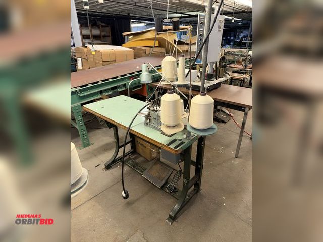 Lot 1-4740 - (1) Merrow industrial sewing machine, model M-3DW-2, power table, approx. 48" x 20" deep x 29" tall,...