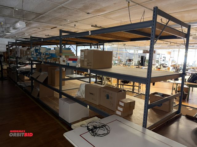 Lot 1-4773 - (1) Edsal metal shelving unit, approx. 33' long x 51" deep x 96" tall, with OSB wood plywood decking...