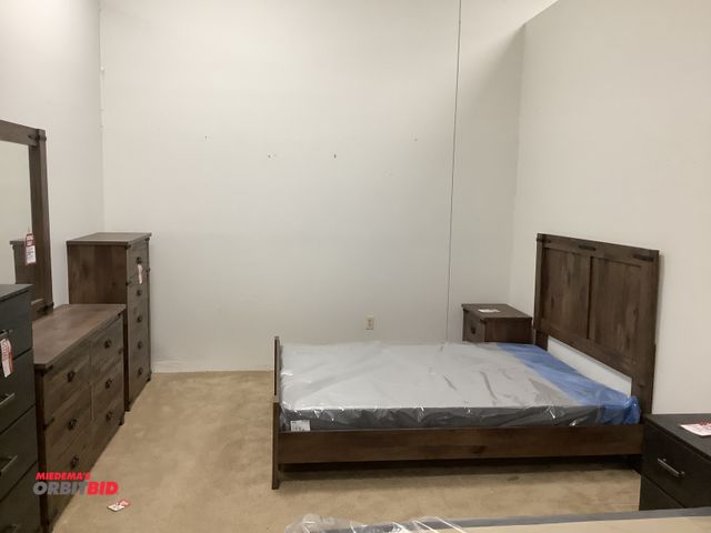 Lot 1-17242 - Bedroom set with queen sized bed frame 84” by 62 1/2” total dimensions headboard is 51” tall and box...