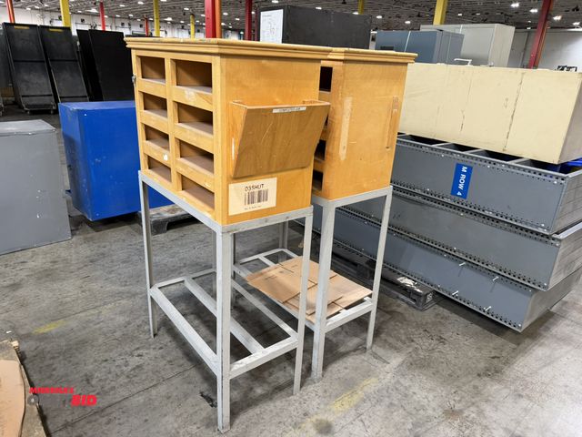 Lot 1-5511 - Lot of (2) 32" width x 38" height x 16.5" depth steel stands with lower shelf, and a wood 31" width ...