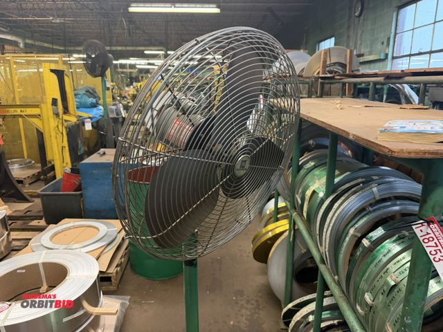 Lot 1-18787 - (1) Emerson free standing, adjustable height, 120V shop floor fan, 24" cage, equipped with Dayton 1/...