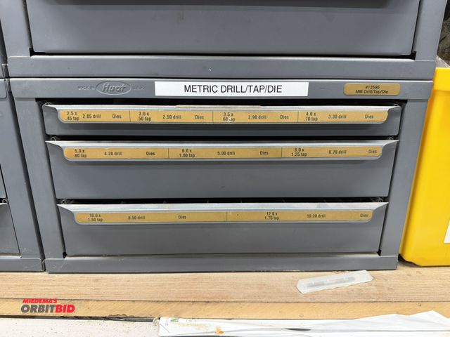 Lot 1-16811 - (1) Huot 3-drawer drill bit and tap organizer, includes assorted drill bits with taps, various sizes...