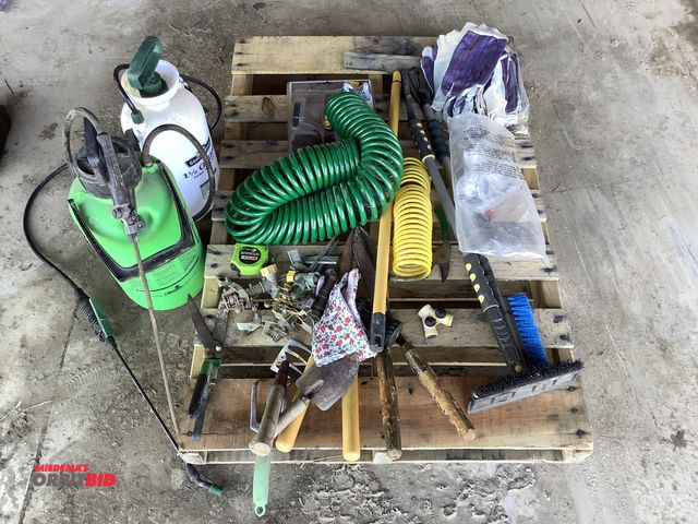 Lot 1-19053 - Skid lot of assorted gardening tools which includes sprayers, hedge clippers, gloves and more.