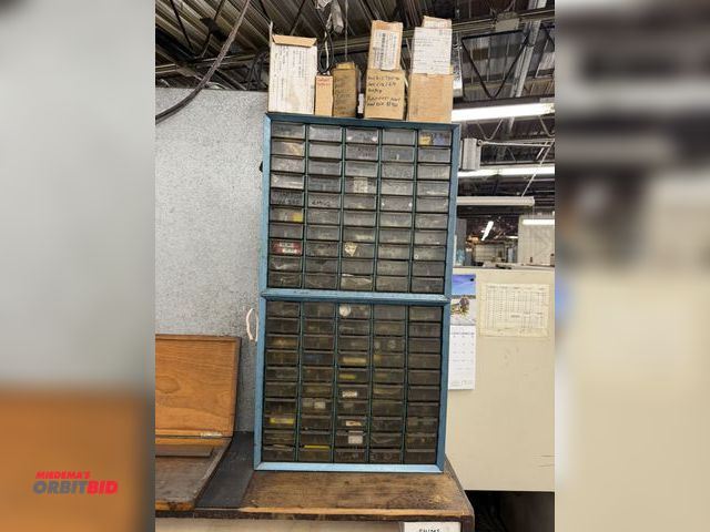 Lot 1-1757 - (2) small parts cabinets, 16" x 7" x 14.5" tall, filled with assorted carbide inserts, lock pins, sc...