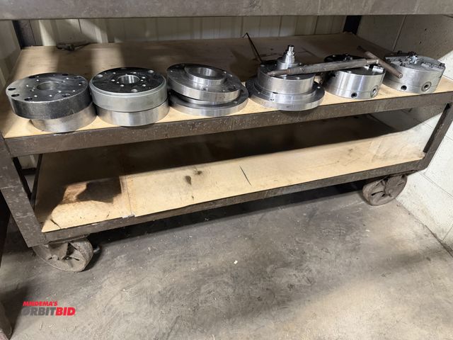 Lot 1-1885 - Lot including (2) 8" diameter, 3-jaw chucks with assorted backing plates, and 6" double-piston chuck...