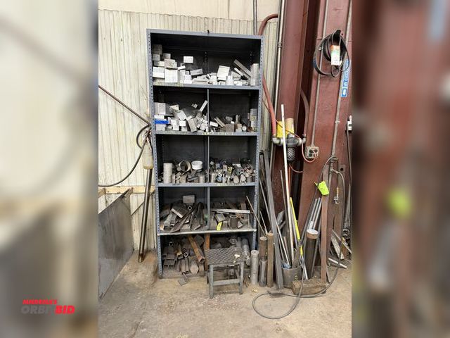 Lot 1-15375 - Large lot of assorted cut aluminum and steel pieces, includes rack, 36" x 18" x 85" tall, winning bi...