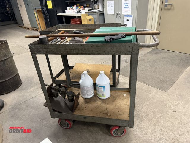 Lot 1-1913 - Lot including (1) 36" length x 35" height x 18" depth 2-tier steel shop cart, and 30.5" length x 36....
