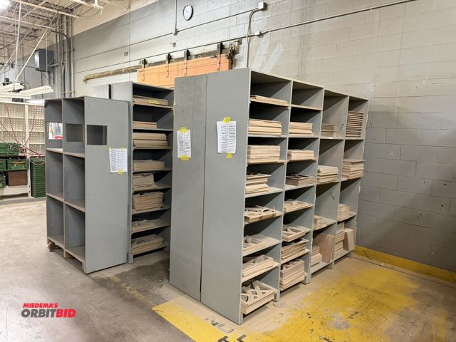 Lot 1-16701 - (9) wooden shelves, approx. 48" x 20" x 88" tall filled with assorted cut pieces of wood for clock m...