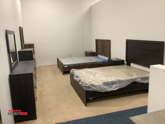 Lot 1-17243 - Bedroom set with queen sized  bed frame 82” by 64” total dimensions headboard is 53” tall and queen ...