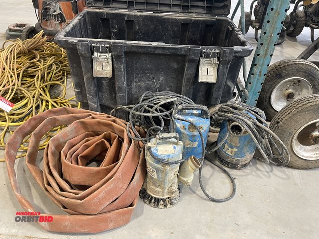 Lot 1-18847 - Lot of (3) Tsurumi submersible pumps with (6) 2", 50' hoses, and Husky plastic storage box.