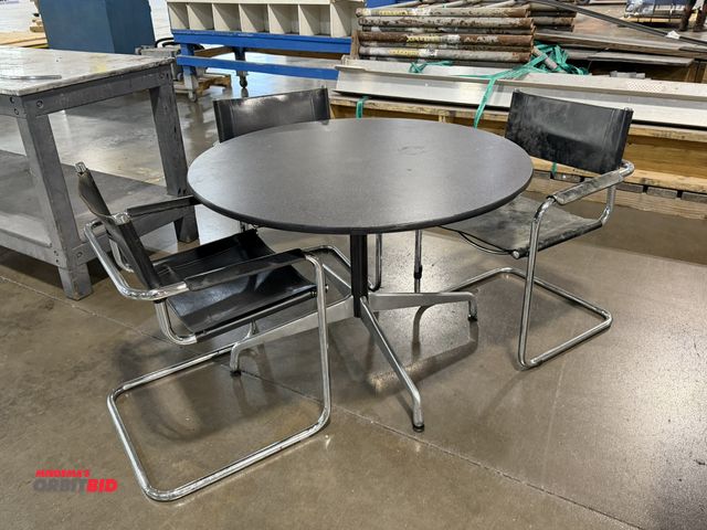 Lot 1-5407 - (1) 41.5" diameter x 28" height table with single metal base and rubberized edging, includes (3) met...