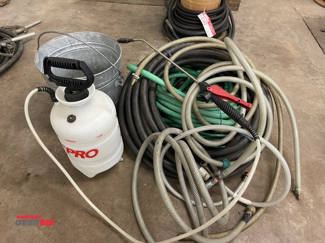 Lot 1-6148 - Lot of assorted garden hoses, includes (1) Herbicide Pro, 2-gallon manual sprayer, and (1) hot-dippe...