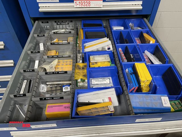 Lot 1-19329 - Contents of drawer #3, includes assorted mill inserts, lathe inserts, HY-Pro taps, and more.
