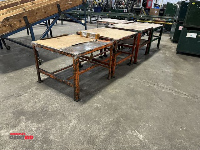 Lot 1-14366 - (5) 40" x 40" heavy duty steel tables, varies in height between 30" and 32"
