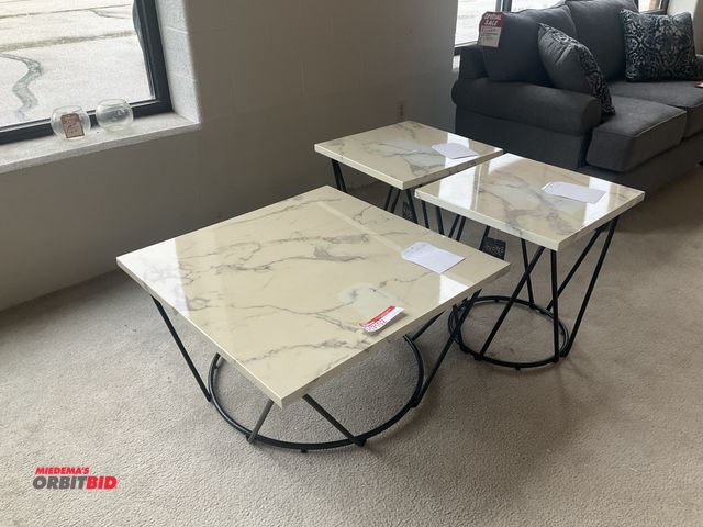 Lot 1-17152 - Set of (3) Nationwide Furniture Dist tables. Coffee table is 36” by 36” by 18” tall. End tables are ...