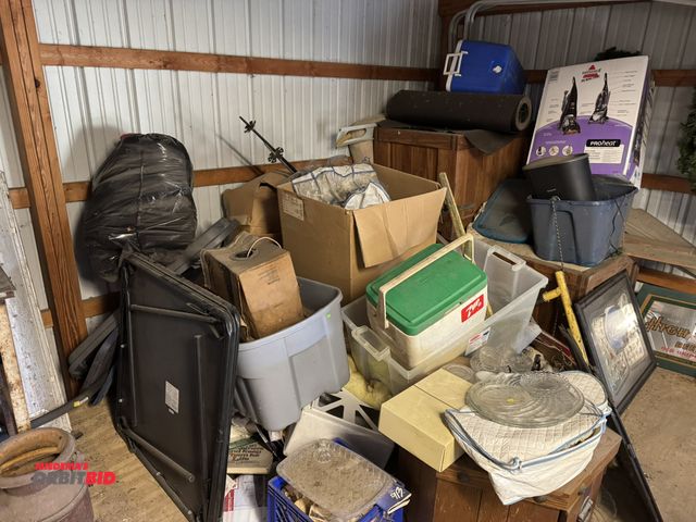 Lot 1-14253 - Large lot of assorted glassware, 7-Up cooler, cabinets, approx. 48" diameter Christmas wreath, decor...