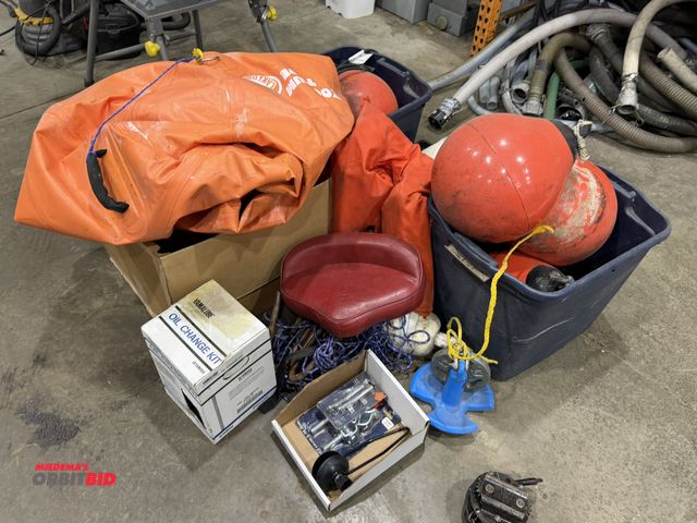 Lot 1-18641 - Lot of approx. (7) poly ball marine buoys, Skookum tube, ropes, boat oar brackets, cleats, anchor, a...