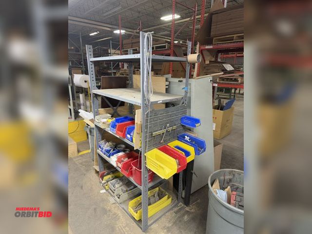 Lot 1-17498 - (1) 43" adjustable metal shelving unit filled with assorted screws, cabinet hardware, magnetic door ...