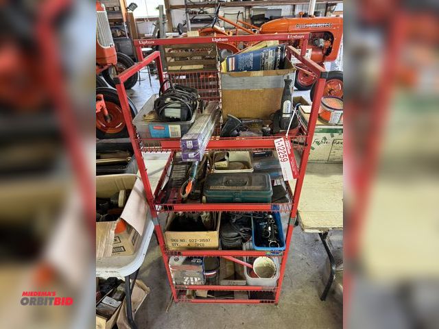 Lot 1-12259 - (1) small wire shelf with assorted contents, includes Dremel tool, small battery charger, pneumatic ...