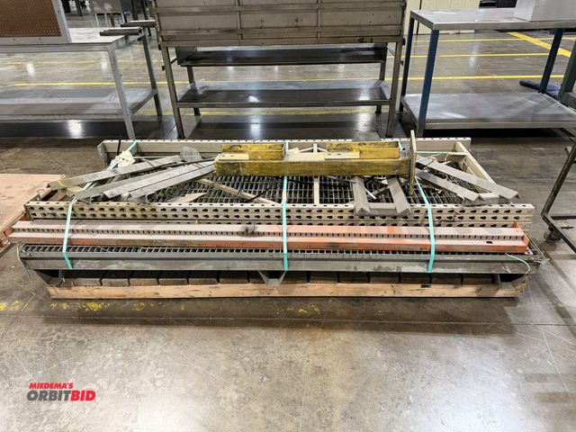 Lot 1-5124 - Lot of assorted items, including (2) 36" deep x 8' tall Teardrop style pallet racking uprights, with...