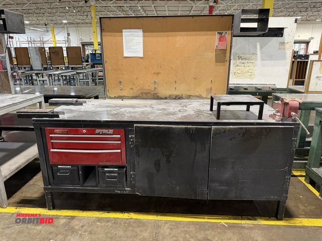 Lot 1-5219 - (1) 84" length x 35" height x 36" depth custom built, heavy duty steel work bench with 2 lower doors...