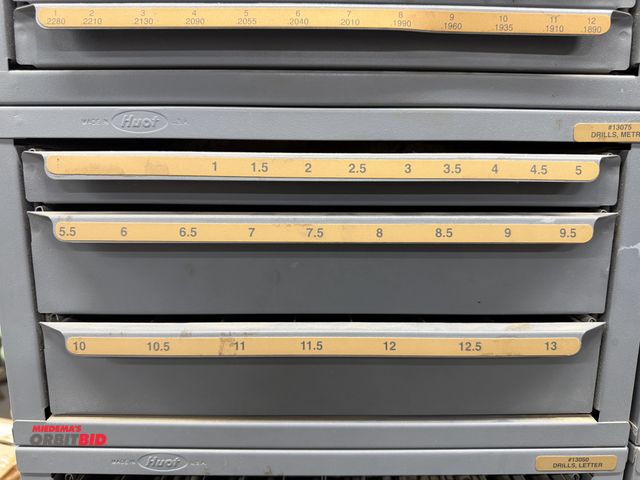 Lot 1-16807 - (1) Huot 3-drawer metric drill bit organizer with assorted drills, sizes range from 1 up to 13.