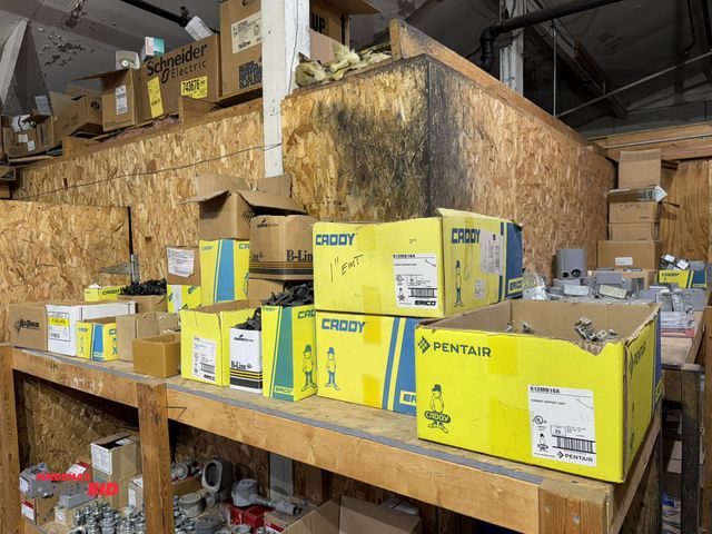 Lot 1-4364 - Contents of top shelf, includes large lot of assorted Caddy and B-Line conduit support clips, bat wi...