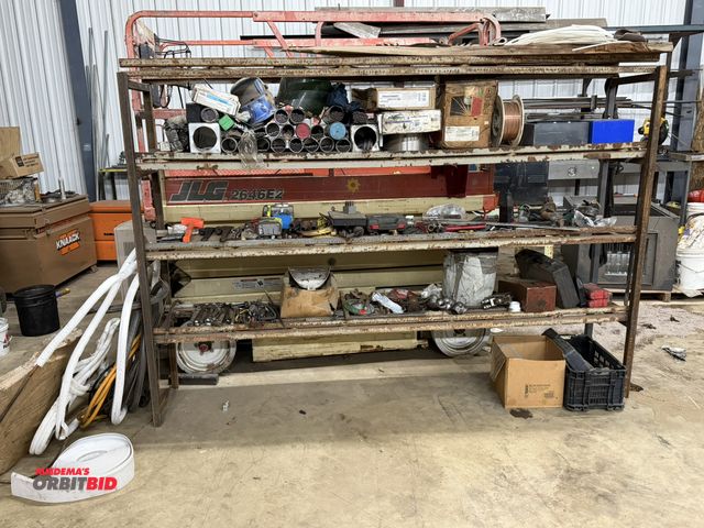 Lot 1-1457 - (1) custom built 106" width x 72" height x 20" depth steel rack with assorted contents, including va...