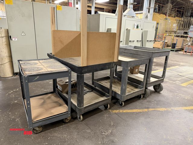 Lot 1-16893 - Lot of (3) 2-tier, poly shop carts, 2 are Rubbermaid, 1 is Uline, 2 measure 36" x 24", and 1 small 2...