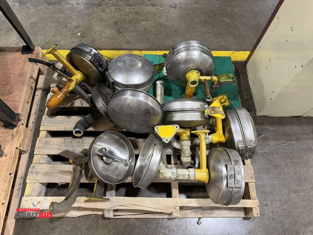 Lot 1-5159 - Lot of (9) stainless steel eye wash stations, 1 mounted to a sign.