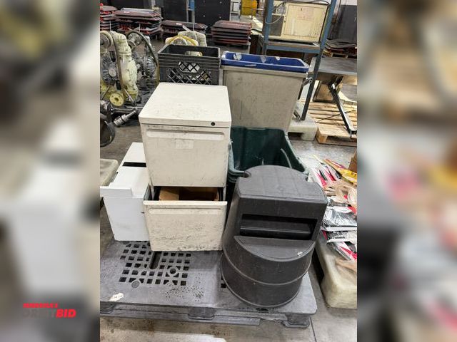 Lot 1-5462 - Lot of assorted items, including (2) rolling plastic step stools, (1) 14.5" width x 27" height x 20"...