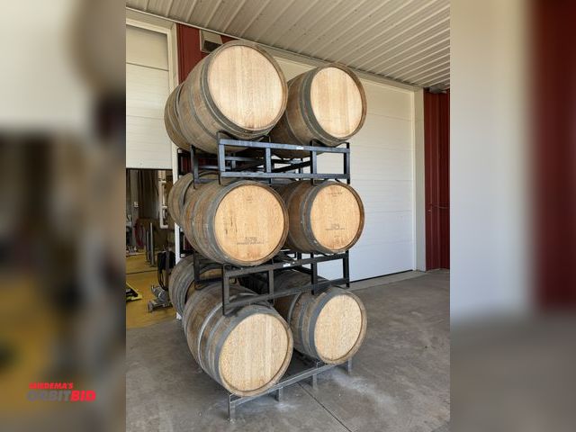 Lot 1-14703 - Lot of (6) oak barrels, and (3) Barrels Direct barrel stacking stands.
