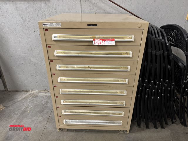 Lot 1-19463 - (1) Stanley Vidmar 8-drawer cabinet, 30" x 28" x 44 1/4" tall, includes assorted chuck jaws, Twist d...